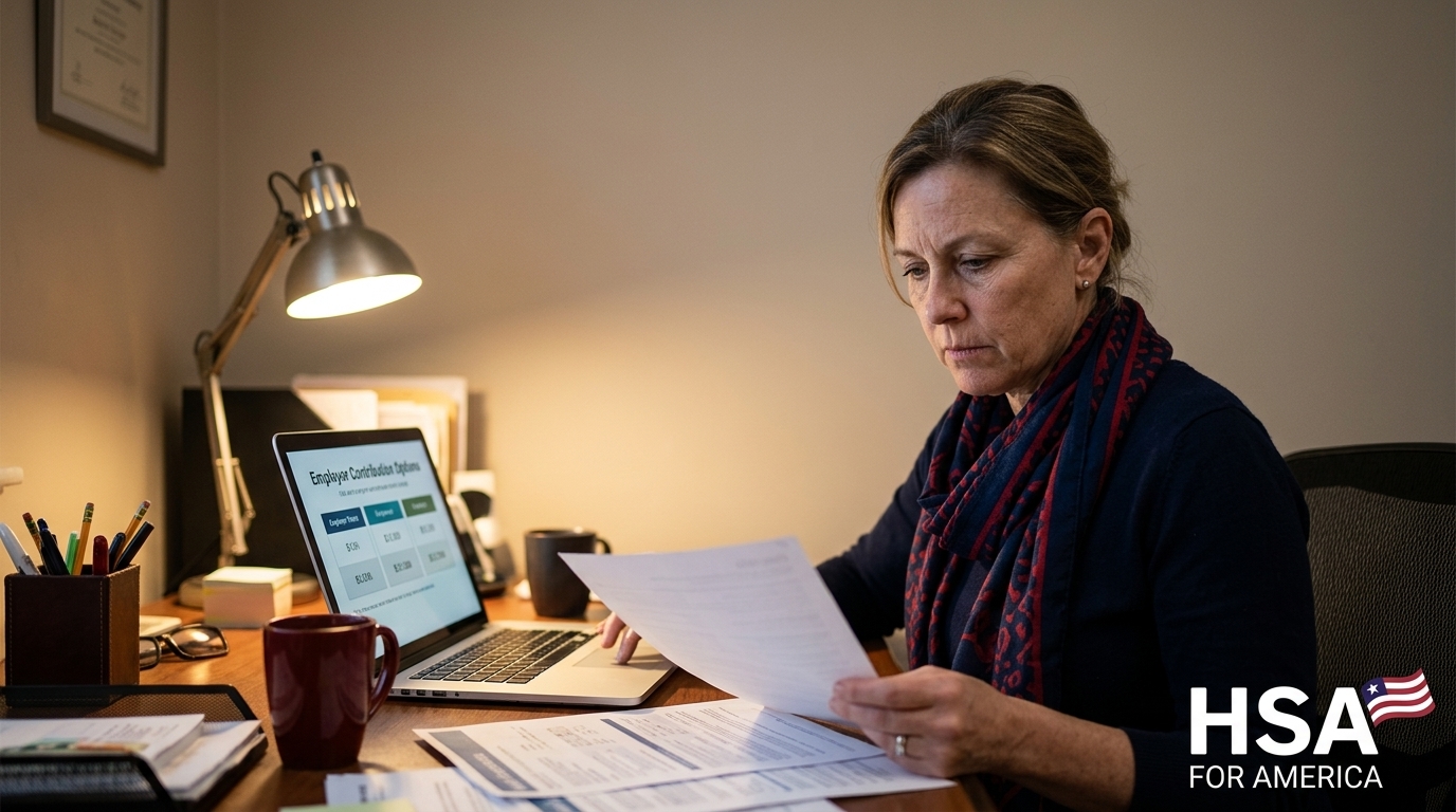 A small business owner comparing small business health plans and employer contribution options.